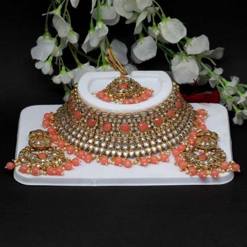 Dark Peach Color Kundan Necklace Set