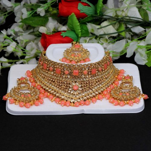 Dark Peach Color Kundan Necklace Set