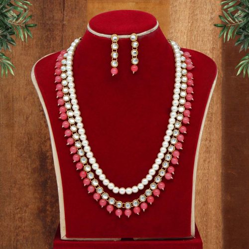 Dark Peach Color Kundan Necklace Set