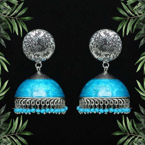 Firozi Color Beads Oxidised Meenakari Earrings