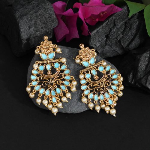 Firozi Color Colorful Kundan Antique Earrings