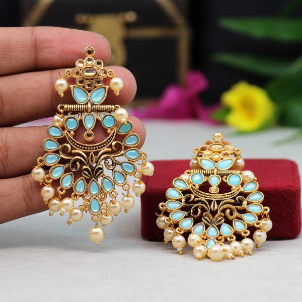 Firozi Color Colorful Kundan Antique Earrings-12288