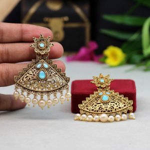 Firozi Color Colorful Kundan Antique Earrings-0