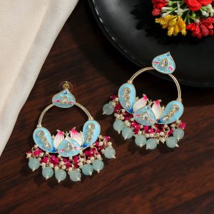 Firozi Color Hand Painted Kundan Meenakari Earrings-0