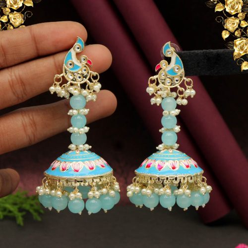 Firozi Color Hand Painted Kundan Meenakari Earrings