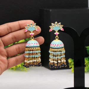 Firozi Color Hand Painted Meenakari Earrings-0