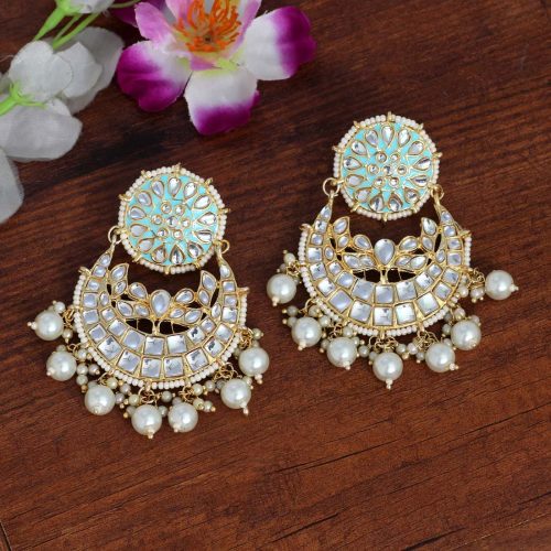 Firozi Color Kundan Meena Earrings