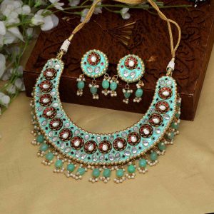 Firozi Color Kundan Meena Necklace Set-0