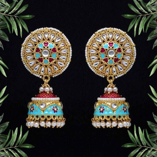 Firozi Color Kundan Meenakari Earrings