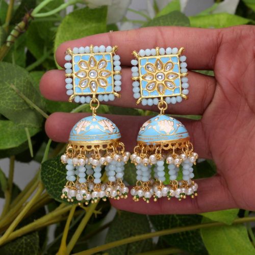 Firozi Color Kundan Meenakari Earrings