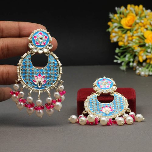 Firozi Color Kundan Meenakari Earrings