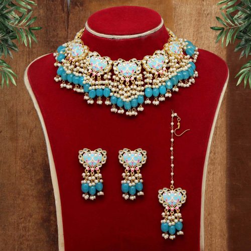 Firozi Color Kundan Meenakari Necklace Set