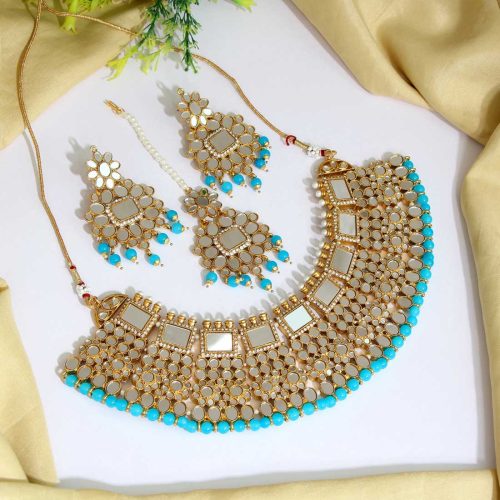 Firozi Color Kundan Mirror Necklaces Set