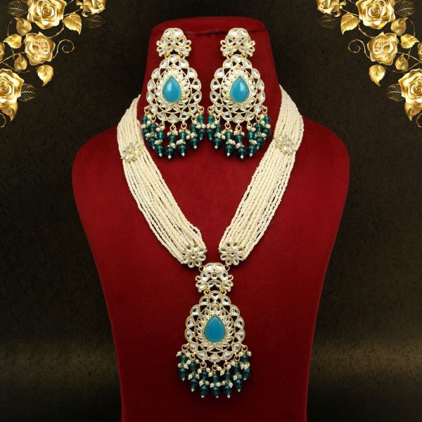 Firozi Color Long Kundan Necklace Set-3715