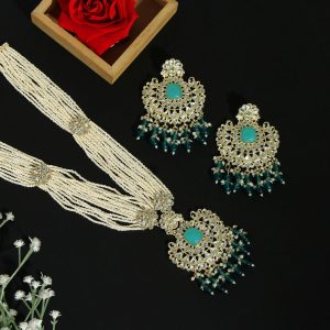 Firozi Color Long Kundan Necklace Set-0