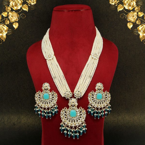 Firozi Color Long Kundan Necklace Set-3735
