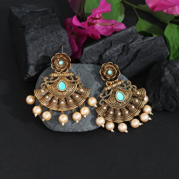 Firozi Color Matte Gold Antique Earrings-12338