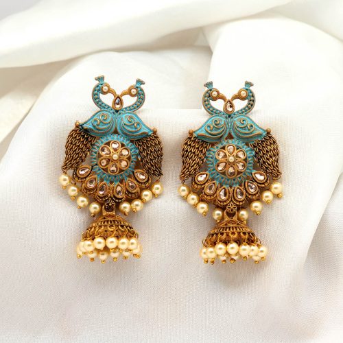 Firozi Color Mint Meena Tample Earrings