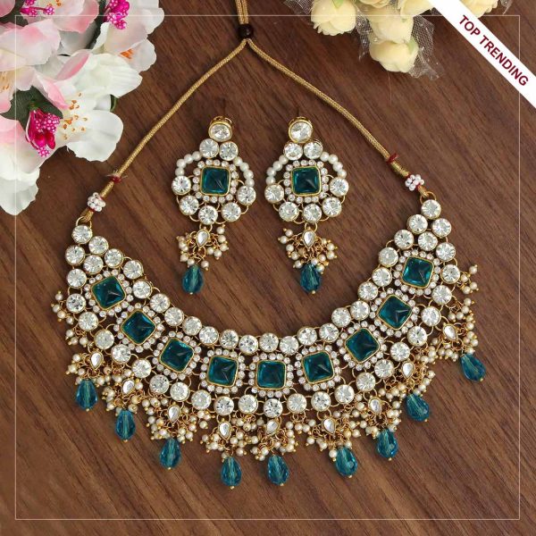 Firozi Color Necklace With Earrings-0