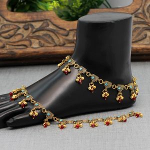 Firozi Color Rhinestone Anklets-0