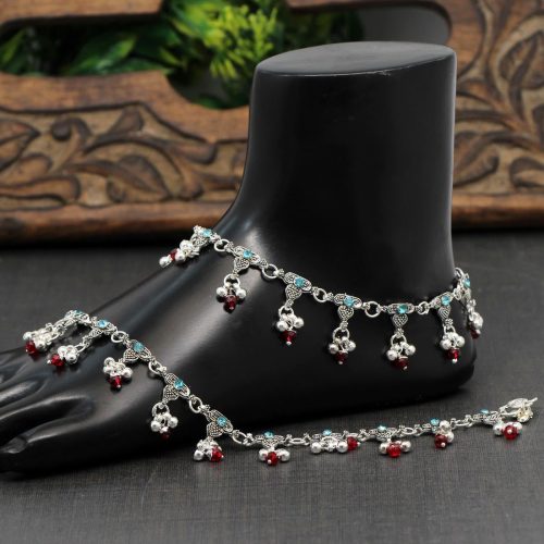 Firozi Color Rhinestone Anklets
