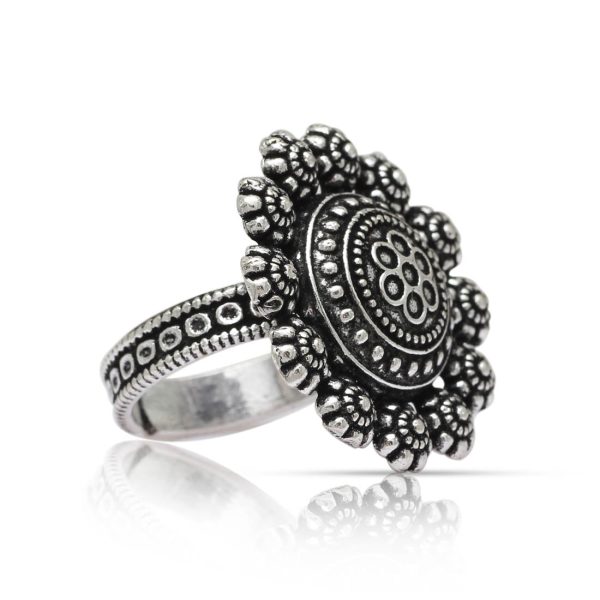 Floral Design Silver Color Oxidised Ring-10799