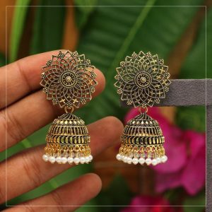 Gold Color Beads Oxidised Earrings-0