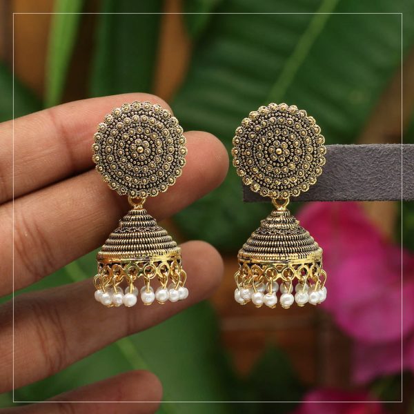 Gold Color Beads Oxidised Earrings-0