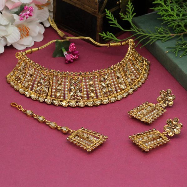 Gold Color Choker Kundan Polki Necklace Set-4829