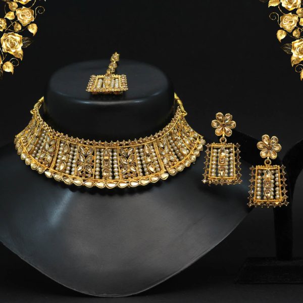 Gold Color Choker Kundan Polki Necklace Set-4830