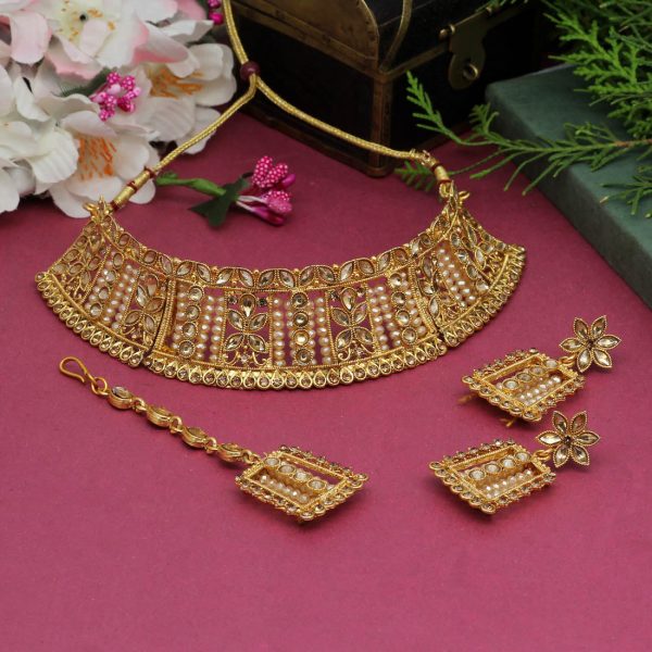 Gold Color Choker Kundan Polki Necklace Set-0