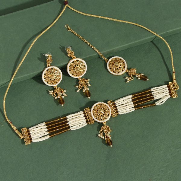 Gold Color Choker Meenakari Necklace Set-15440