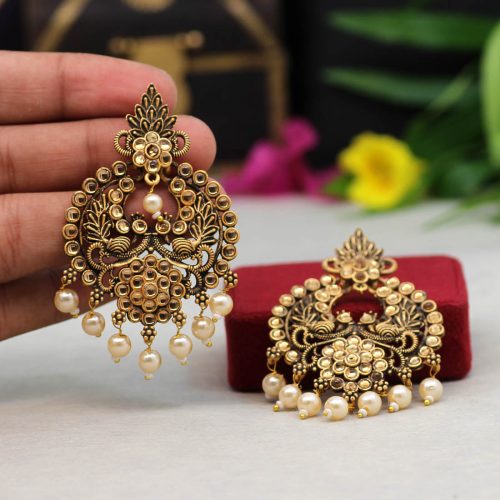 Gold Color Colorful Kundan Antique Earrings