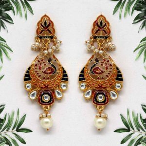 Gold Color Kundan Meenakari Earrings-0