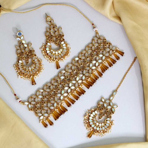 Gold Color Kundan Mirror Choker Necklace Set