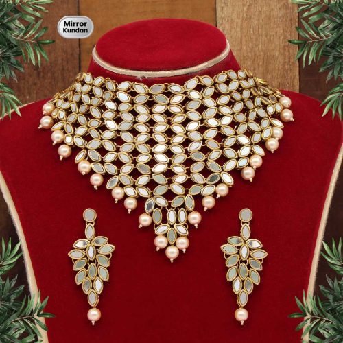 Gold Color Kundan Mirror Necklaces Set