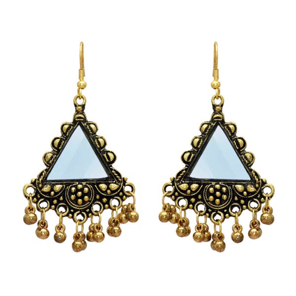 Gold Color Mirror Work Oxidised Drop Earrings-10783
