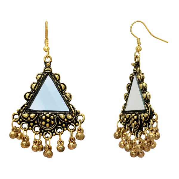 Gold Color Mirror Work Oxidised Drop Earrings-10784