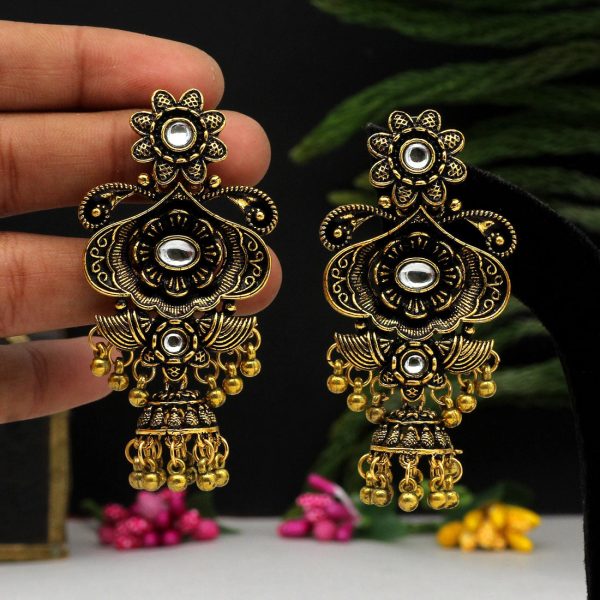 Gold Color Oxidised Earrings-0