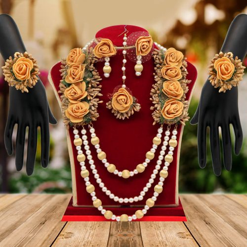 Gold Color Synthetic Rose Floral Necklace Set