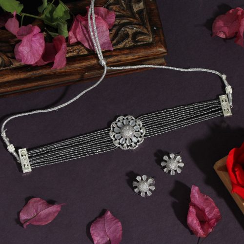 Gray Color Choker Premium American Diamond Necklace Set