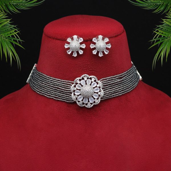 Gray Color Choker Premium American Diamond Necklace Set-4695