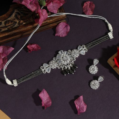 Gray Color Choker Premium American Diamond Necklace Set