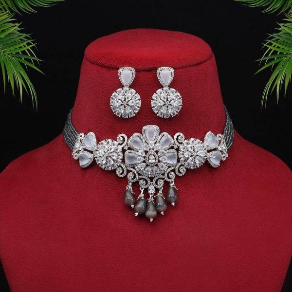 Gray Color Choker Premium American Diamond Necklace Set-4703