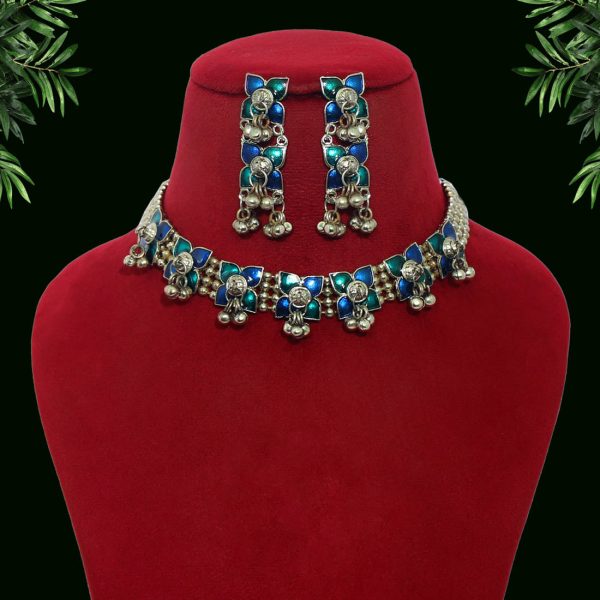 Green & Blue Color Choker Oxidised Meena Necklace Set-13037