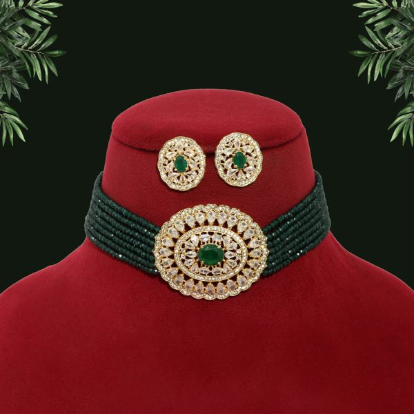 Green Color American Diamond Choker Necklace Set-12417