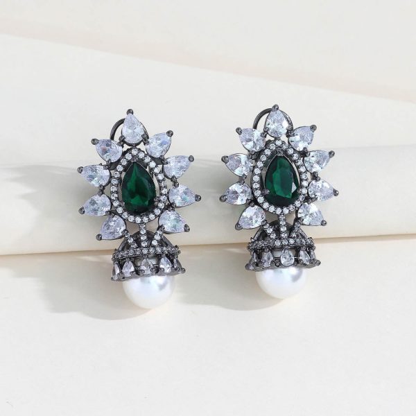 Green Color American Diamond Earrings-17008