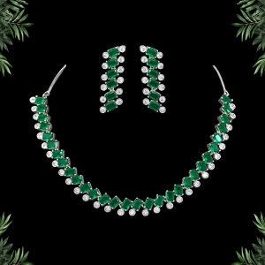 Green Color American Diamond Necklaces Set-0