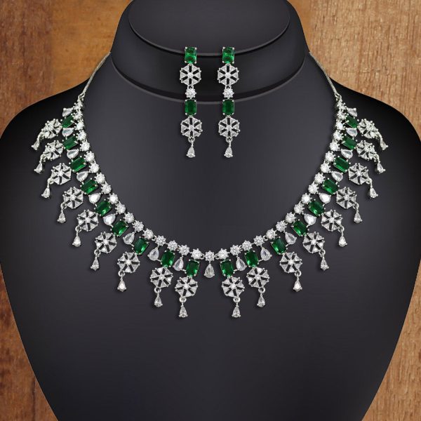 Green Color American Diamond Necklaces Set-10342
