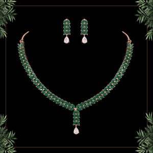 Green Color American Diamond Rose Gold Necklaces Set-0